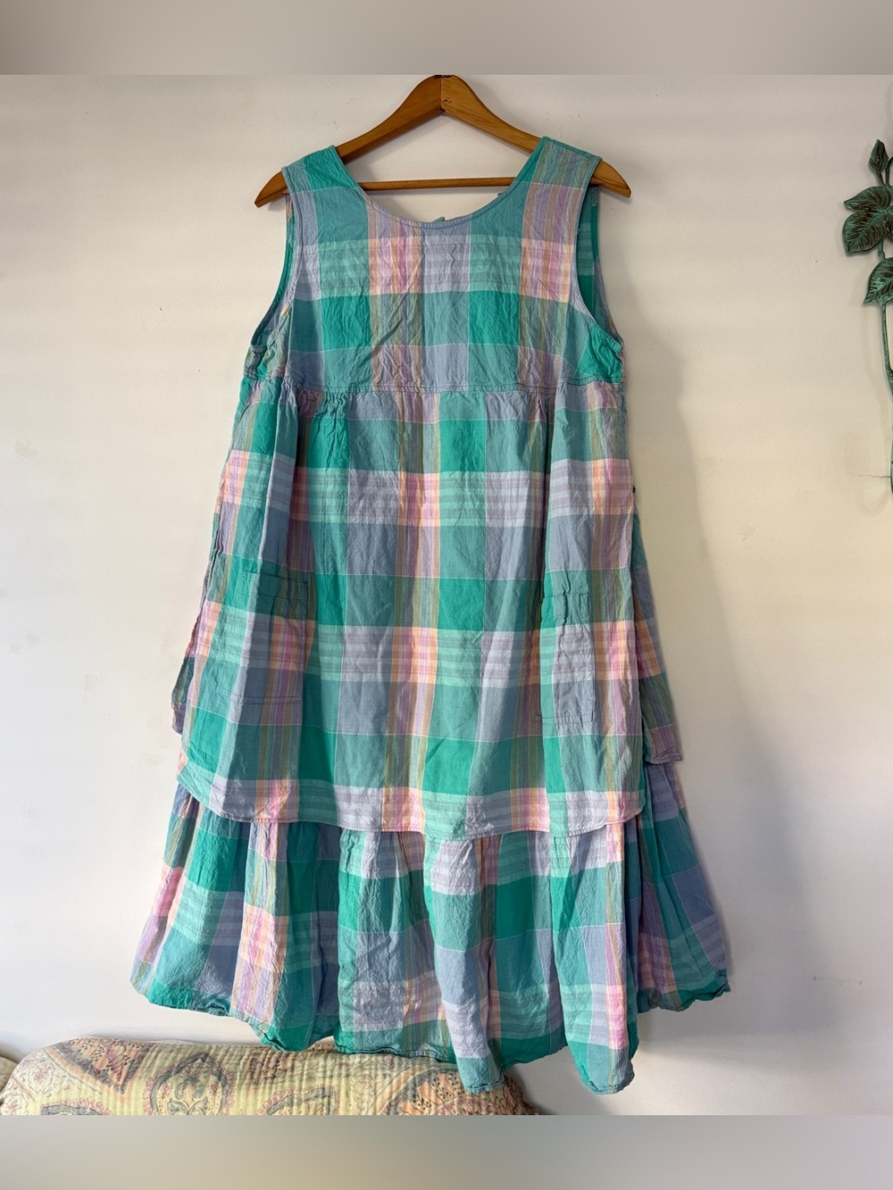 Vintage 90s Pastel Madras Plaid Tiered Swing Babydoll Dress — M Carrie Bradshaw